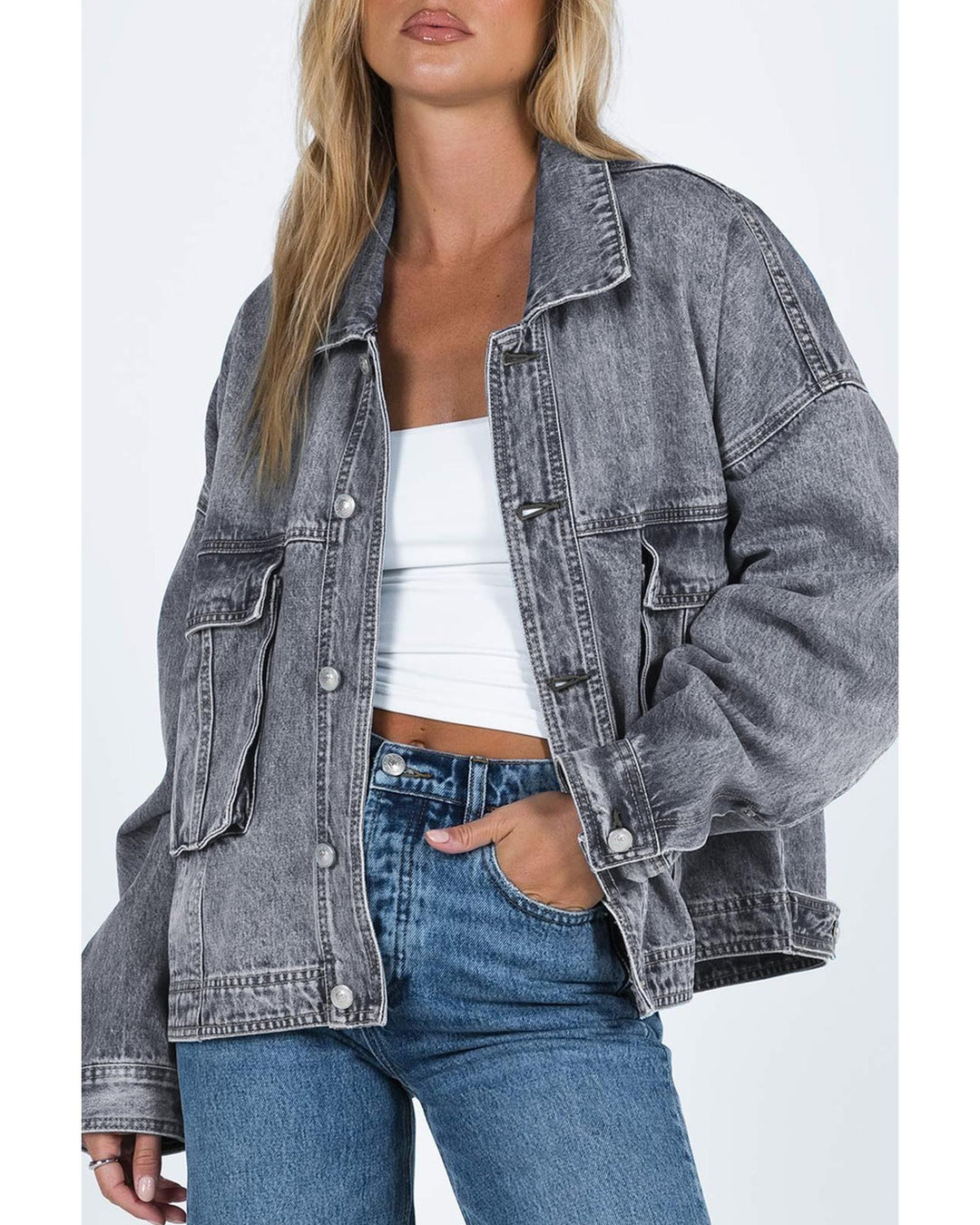 Gray Chest Pockets Drop Shoulder Loose Denim Jacket - M