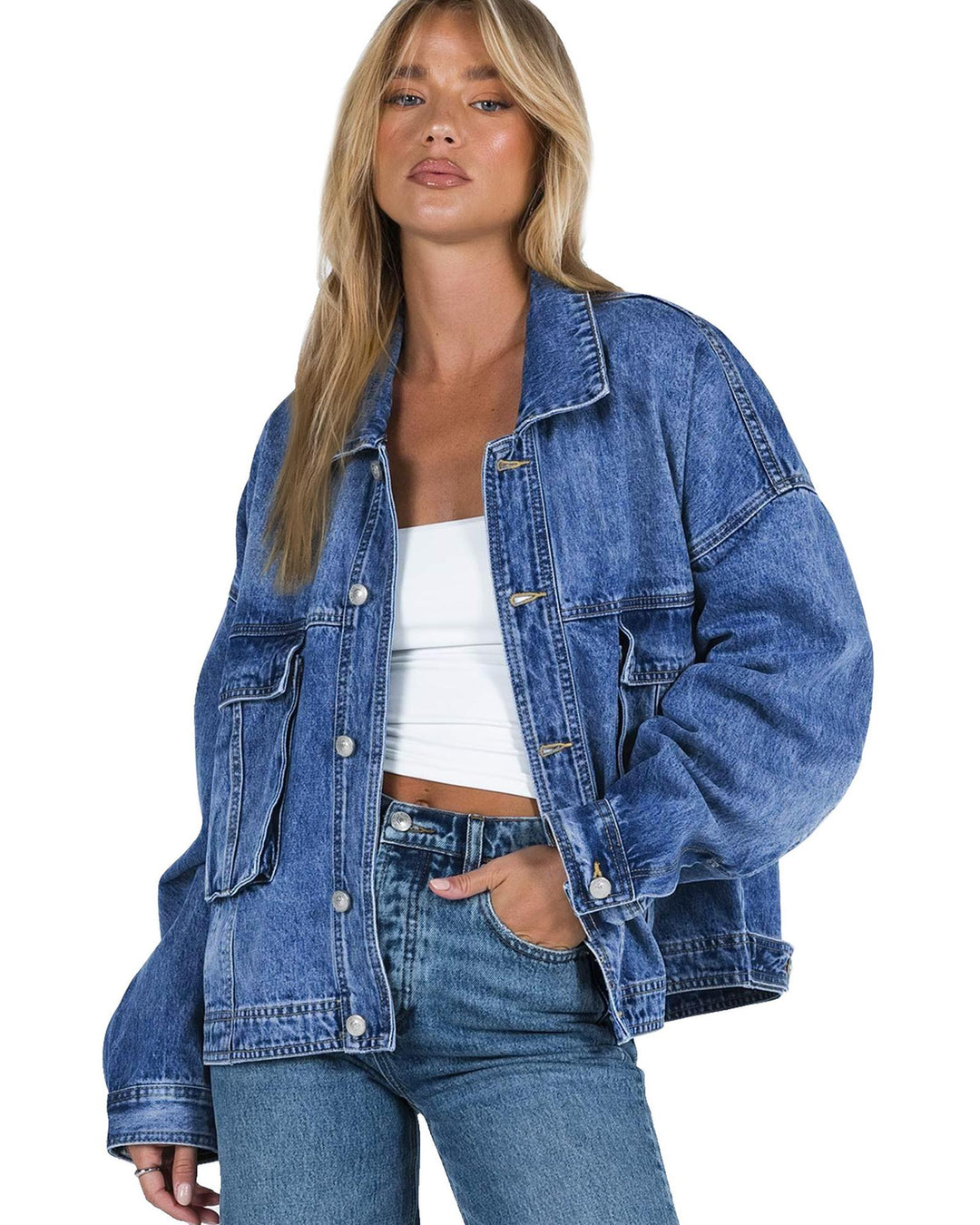 Blue Chest Pockets Drop Shoulder Loose Denim Jacket - M