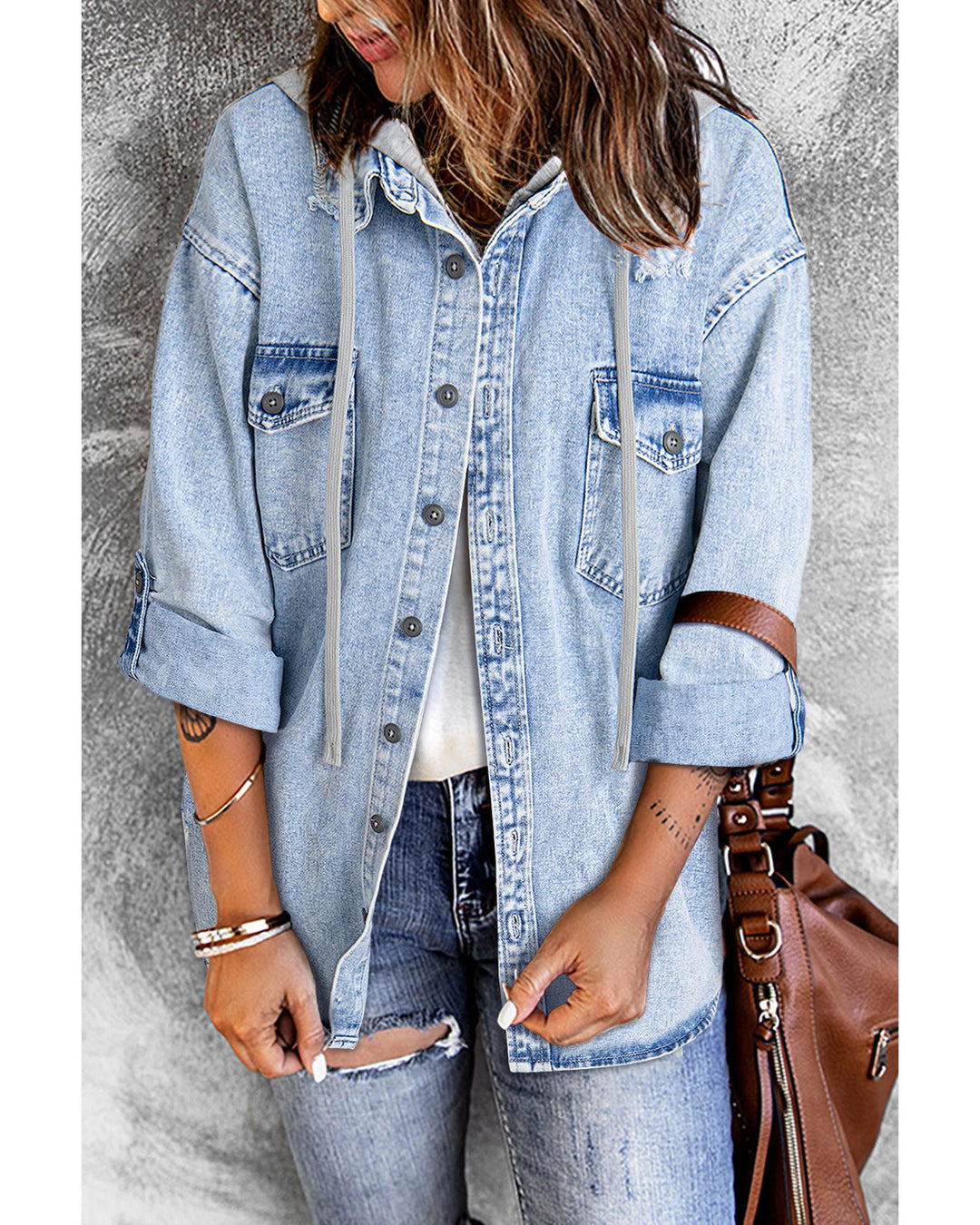 Mist Blue Oversized Contrast Hooded Denim Jacket - XL