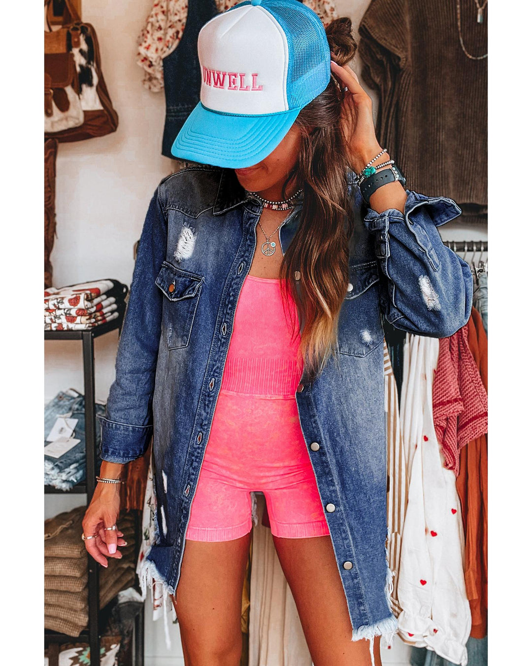 Sky Blue Light Wash Distressed Frayed Long Denim Jacket - 2XL