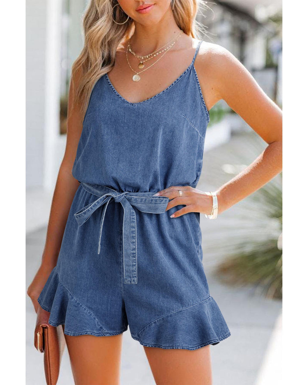 Ashleigh Blue Spaghetti Straps V Neck Belted Ruffled Leg Chambray Romper - M
