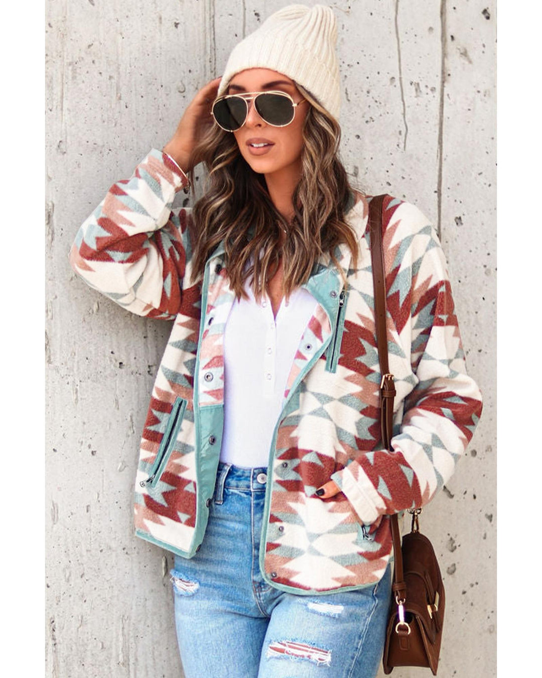 Azura Exchange Red Western Aztec Buttoned Zipper Pockets Fleece Jacket - L