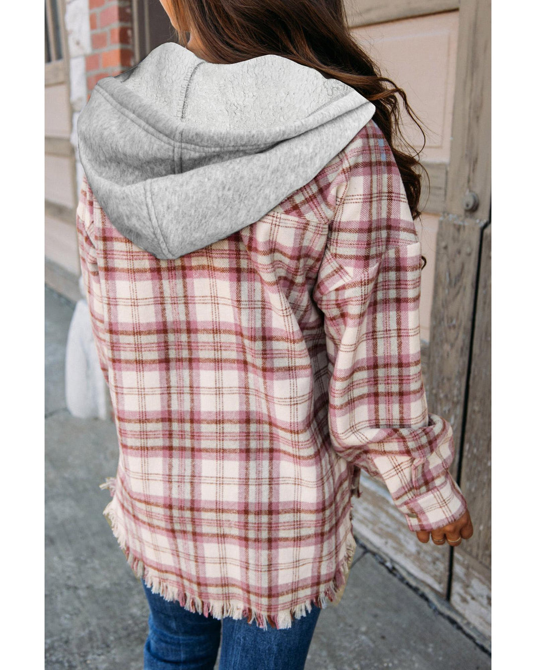 Multicolour Plaid Flap Pocket Hooded Raw Hem Jacket - M