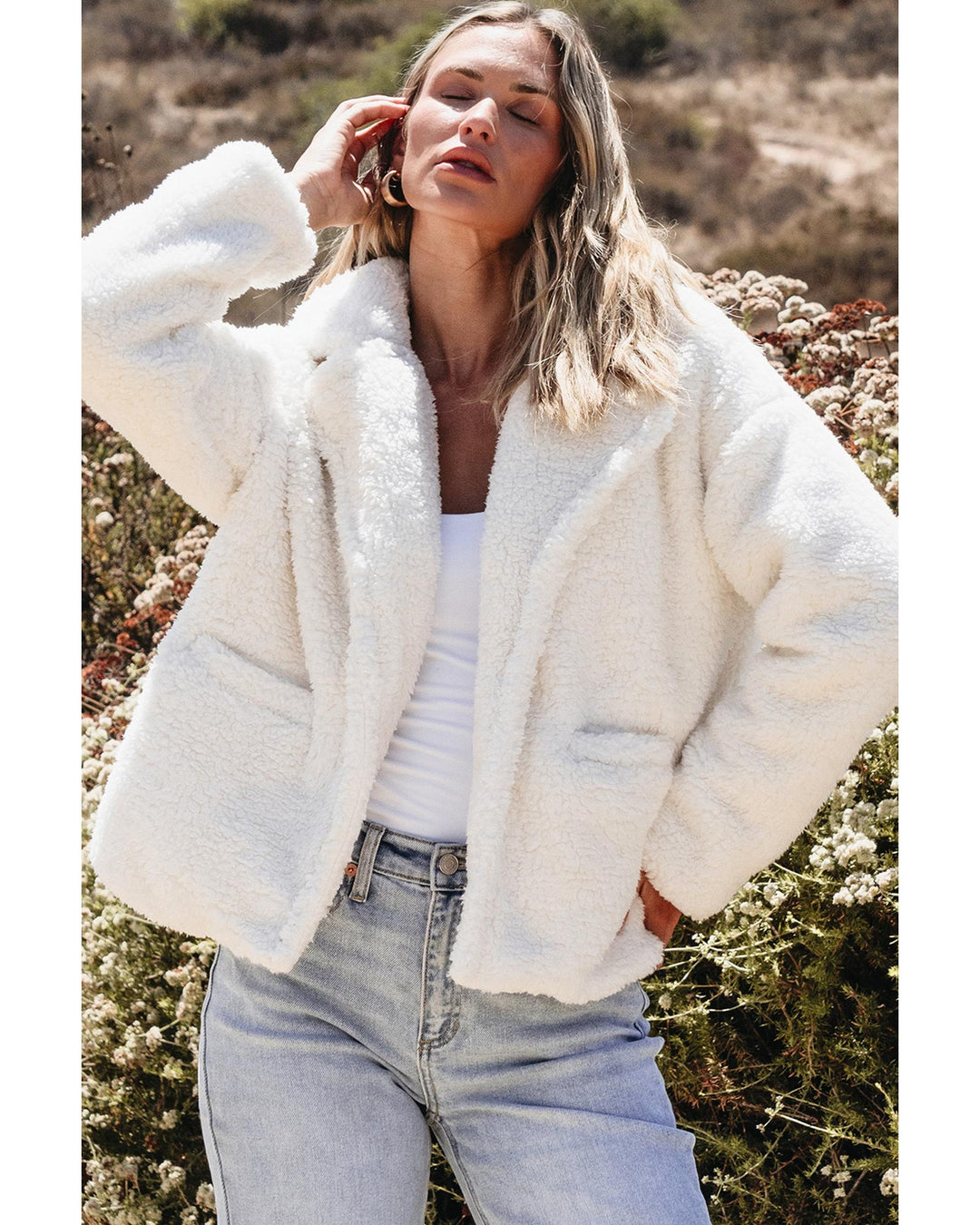 Beige Faux Fur Button Pocketed Lapel Collar Jacket - S