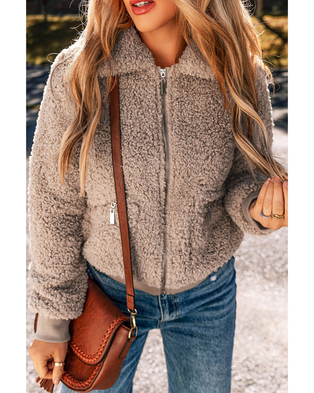 Light French Beige Zipper Pocketed Winter Fuzzy Jacket - M