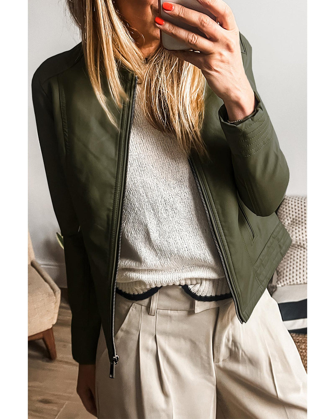 Sage Green Solid Faux Leather Zipper Slim Fit Bomber Jacket - S