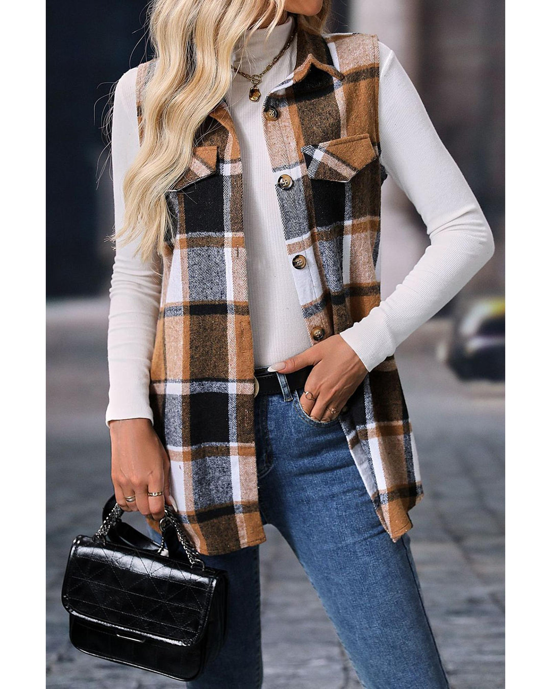 Straw Yellow Retro Plaid Button up Collared Vest - L