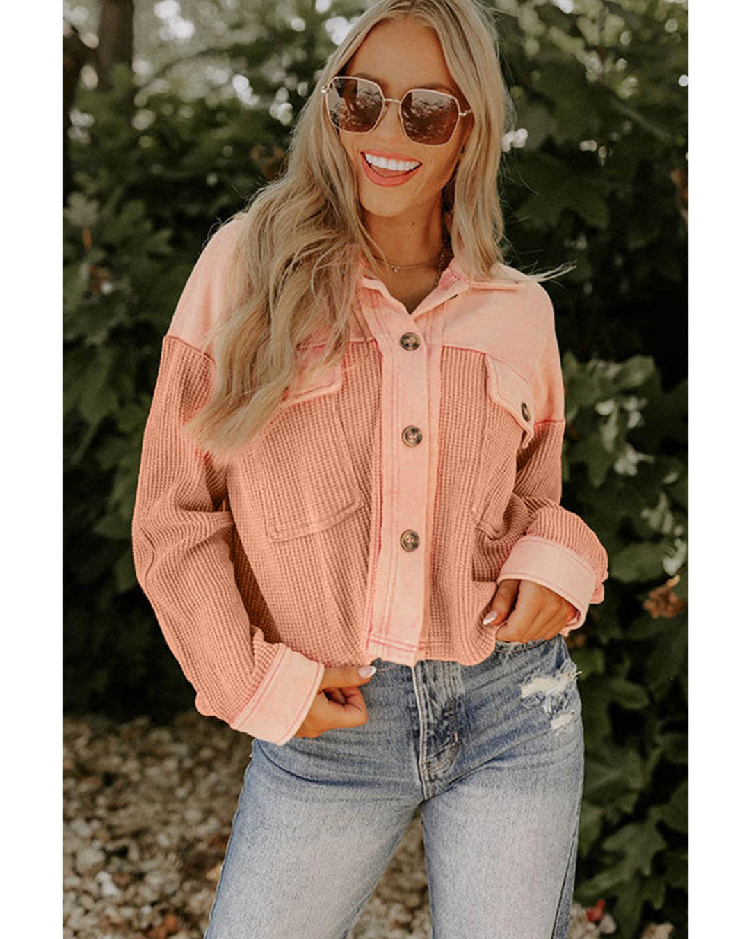 Orange Textured Waffle Knit Chest Pockets Cropped Shacket - S