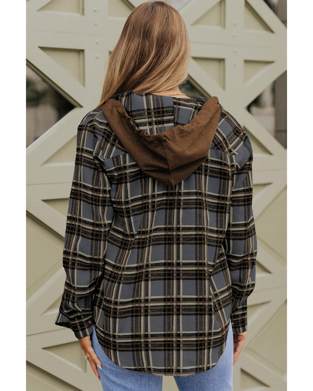 Contrast Hooded Drawstring Plaid Shacket - S