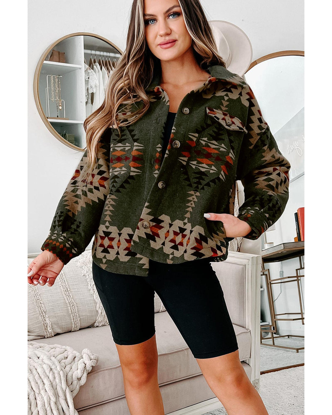 Green Aztec Print Flap Pockets Long Sleeve Shacket - XL