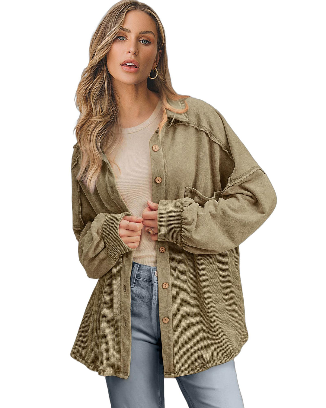 Moss Green Waffle Knit Patchwork Buttoned Oversized Shacket - 2XL