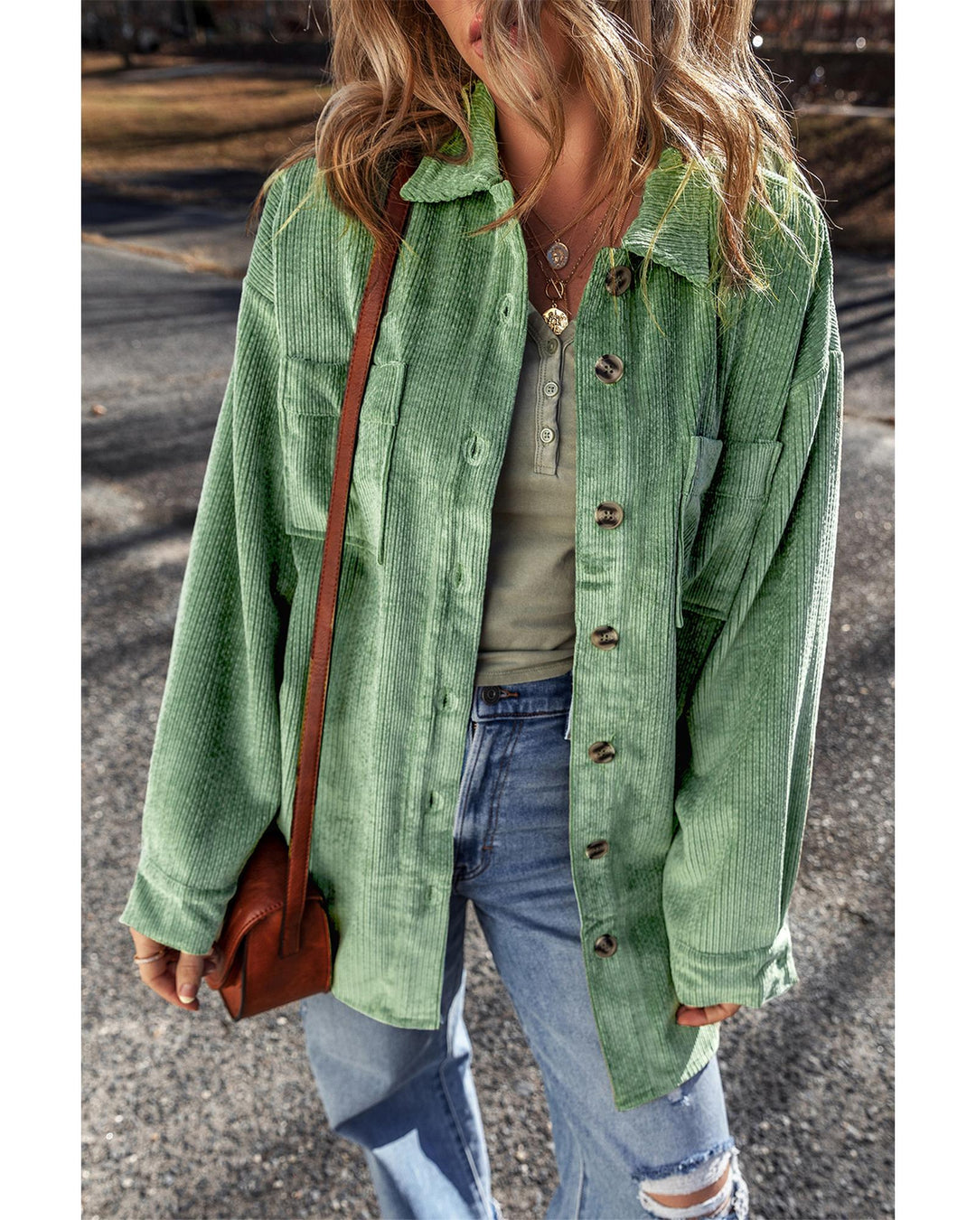 Mist Green Patched Pocket Button Up Corduroy Shacket - XL