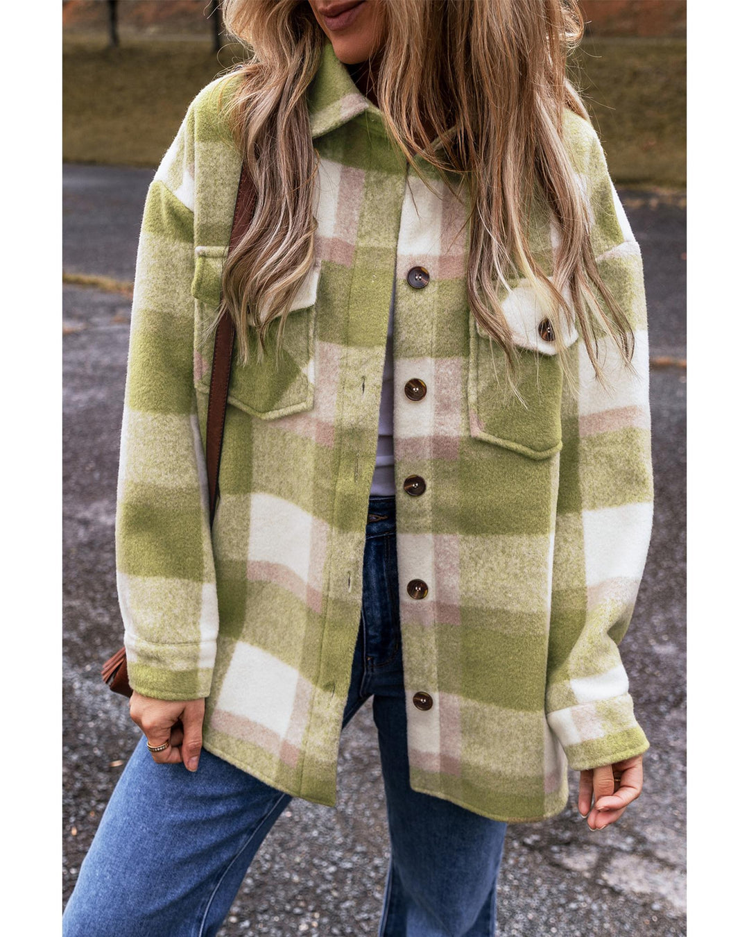 Sage Green Plaid Print Buttoned Flap Pockets Baggy Shacket - XL