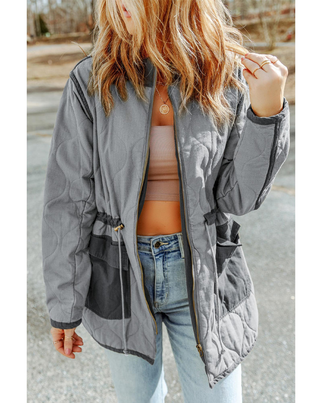 Gray Stitching Quilted Drawstring Jacket - L