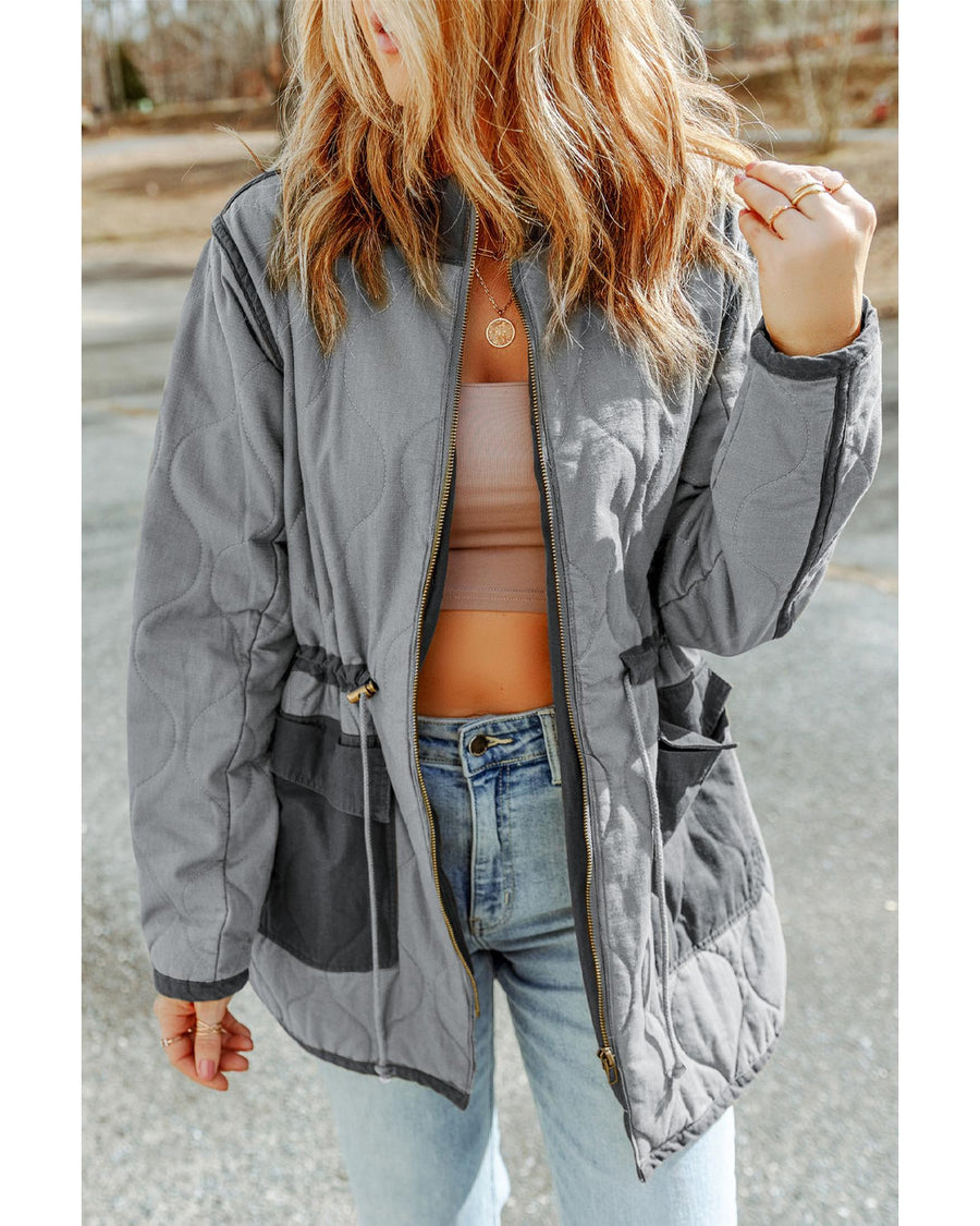Gray Stitching Quilted Drawstring Jacket - M