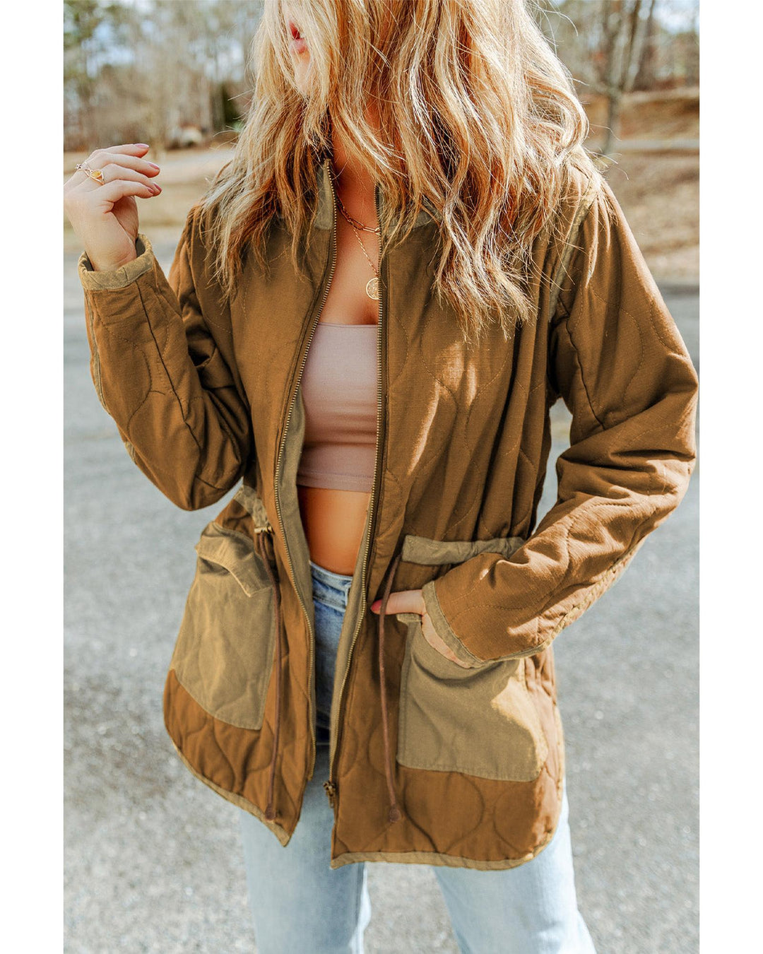 Azura Exchange Brown Stitching Quilted Drawstring Jacket - S