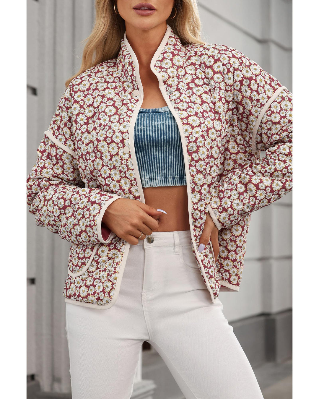 Pink Floral Print Contrast Edge Pocketed Stand Neck Jacket - L