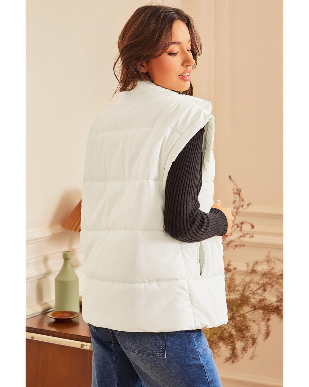 Beige Zipper Stand Neck Oversized Puffer Vest - XL
