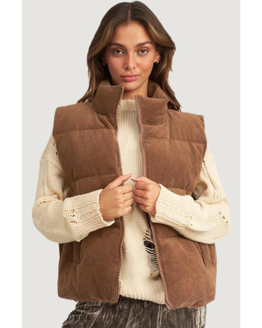 Coffee Corduroy Stand Neck Zipped Puffer Vest - S