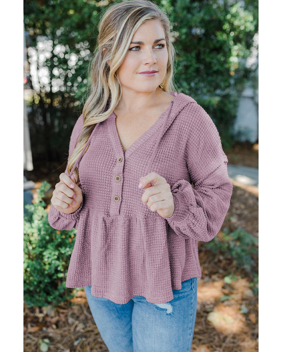 Plus Size Hooded Waffle Knit Top - 1X
