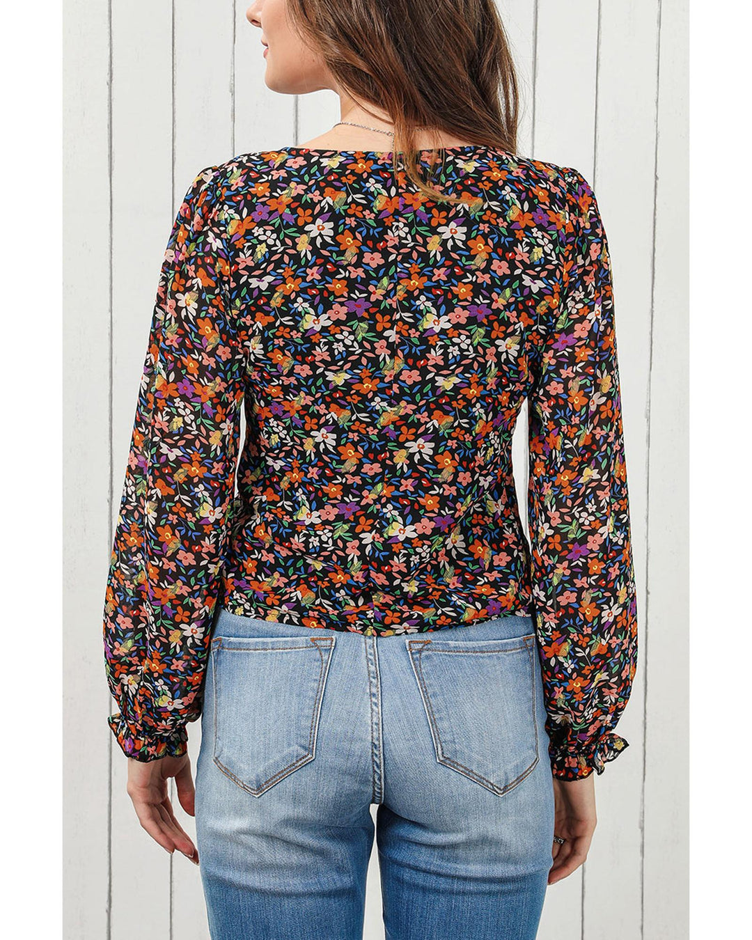 Black Plus Size V Neck Bubble Sleeve Floral Blouse - 1X