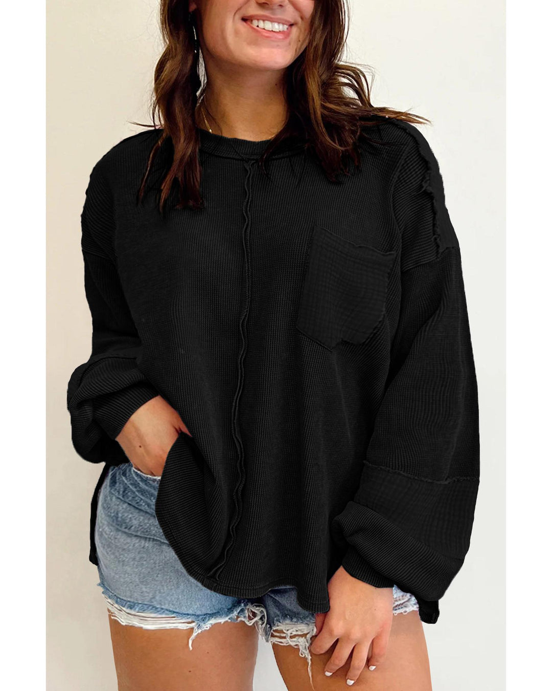 Black Plus Size Exposed Seam Crinkle Patchwork Top - 1X