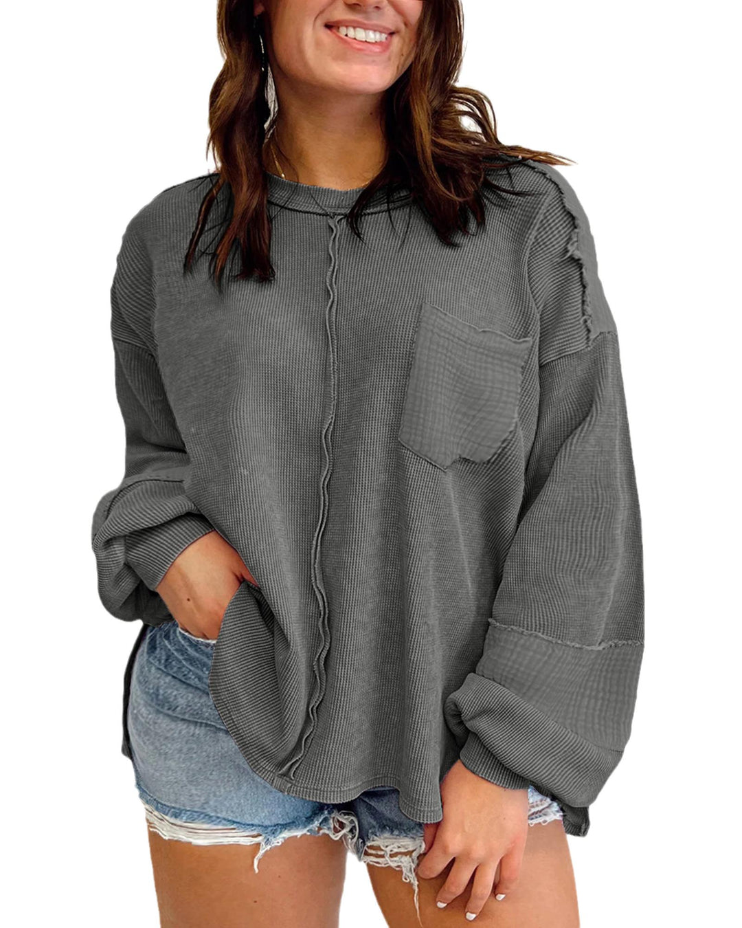 Dark Grey Plus Size Exposed Seam Crinkle Patchwork Top - 1X