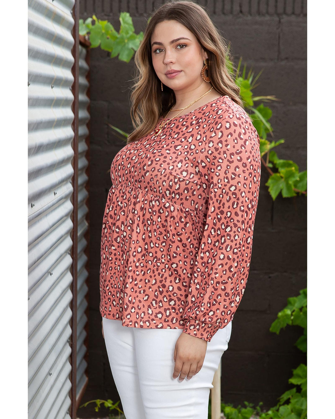 Leopard Print Long Sleeve Ruffled Babydoll Plus Size Blouse - 2X