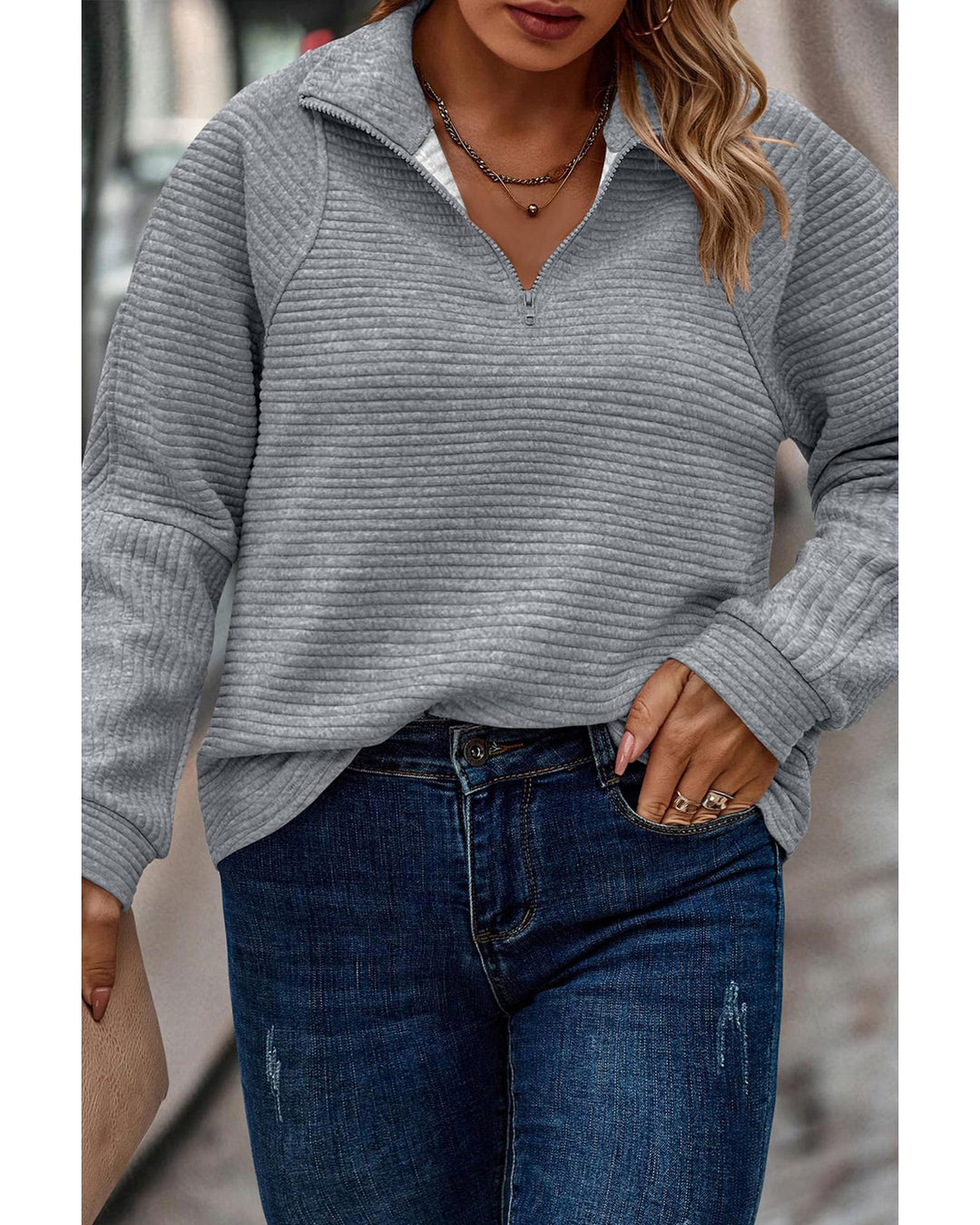 Light Grey Quarter Zipper Collared Ribbed Knit Plus Size Top - 1X