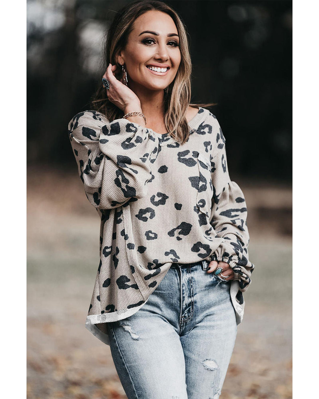 Gray Printed Leopard Balloon Sleeve Thermal Knit Plus Size Top - 2X