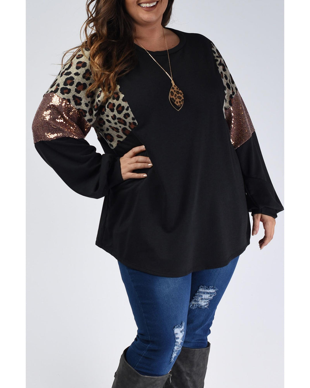 Black Leopard Sequin Patch Plus Size Long Sleeve Top - 1X