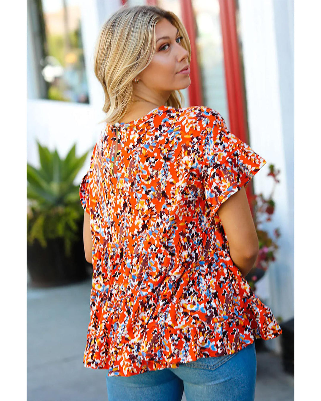 Orange Floral Printed Ruffle Sleeve Curvy Babydoll Blouse - 3X