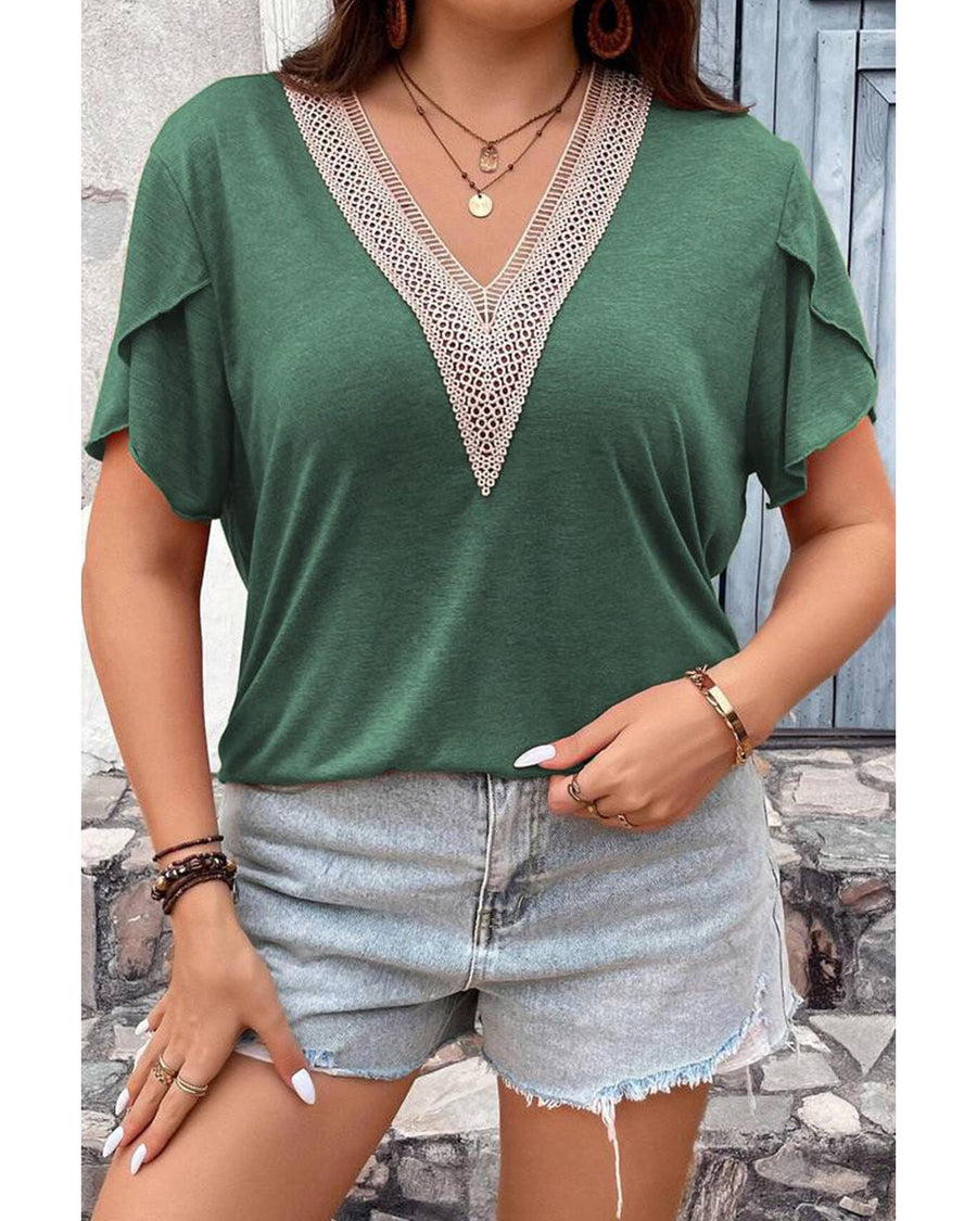 Blackish Green Plus Size Embroidery V Neck Draped Sleeve Blouse - 2X