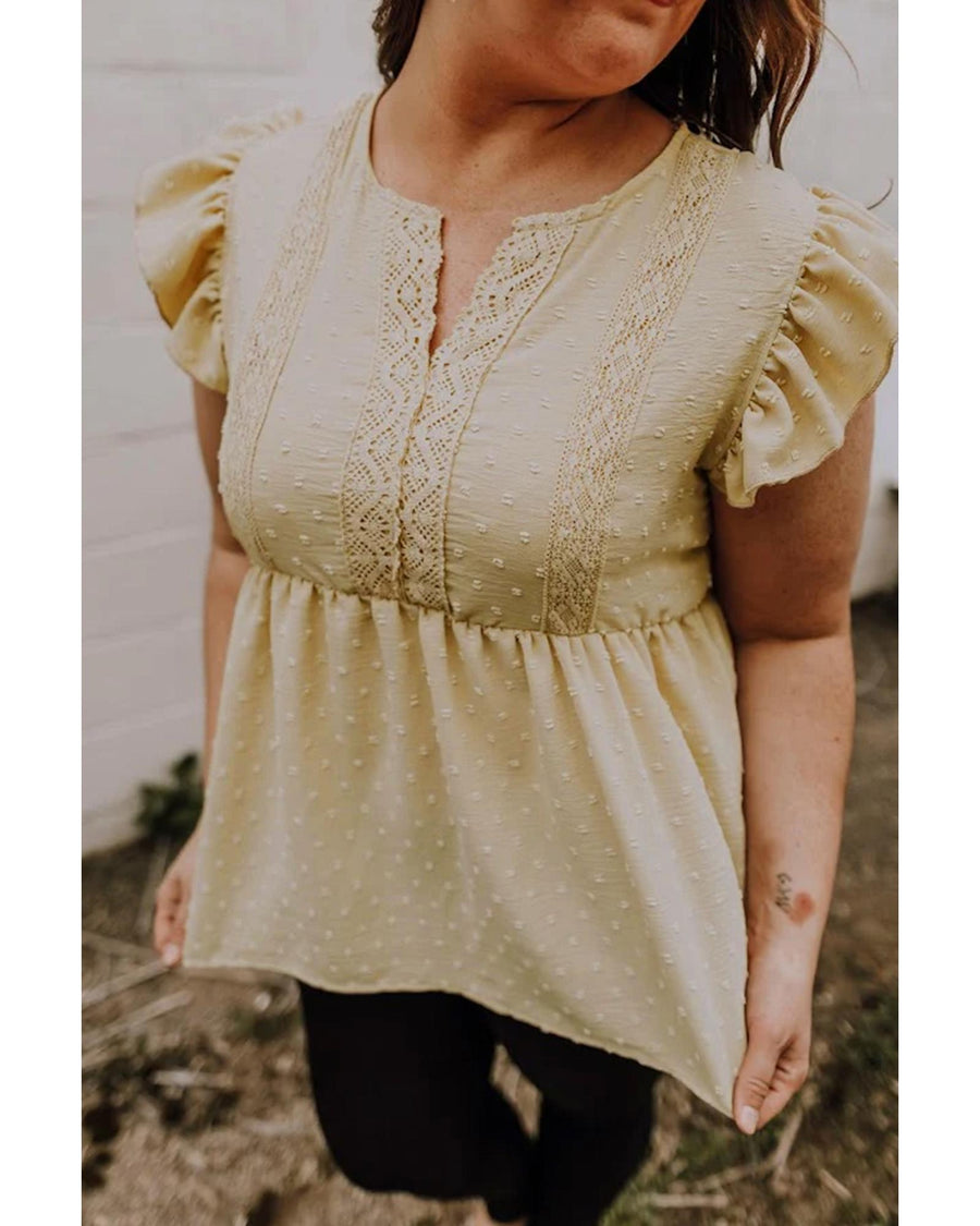 Golden Fleece Plus Size Swiss Dot Lace Trim Split Neck Babydoll Top - 1X