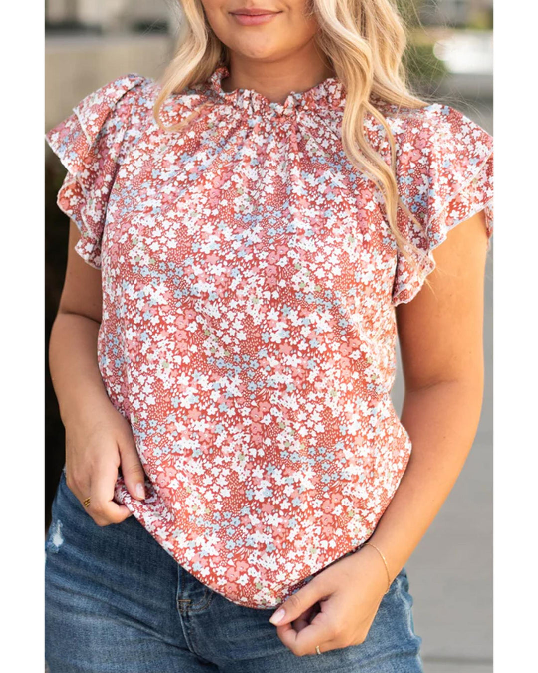 Pink Plus Size Floral Print Ruffled Sleeve Frilled Neck Blouse - 1X