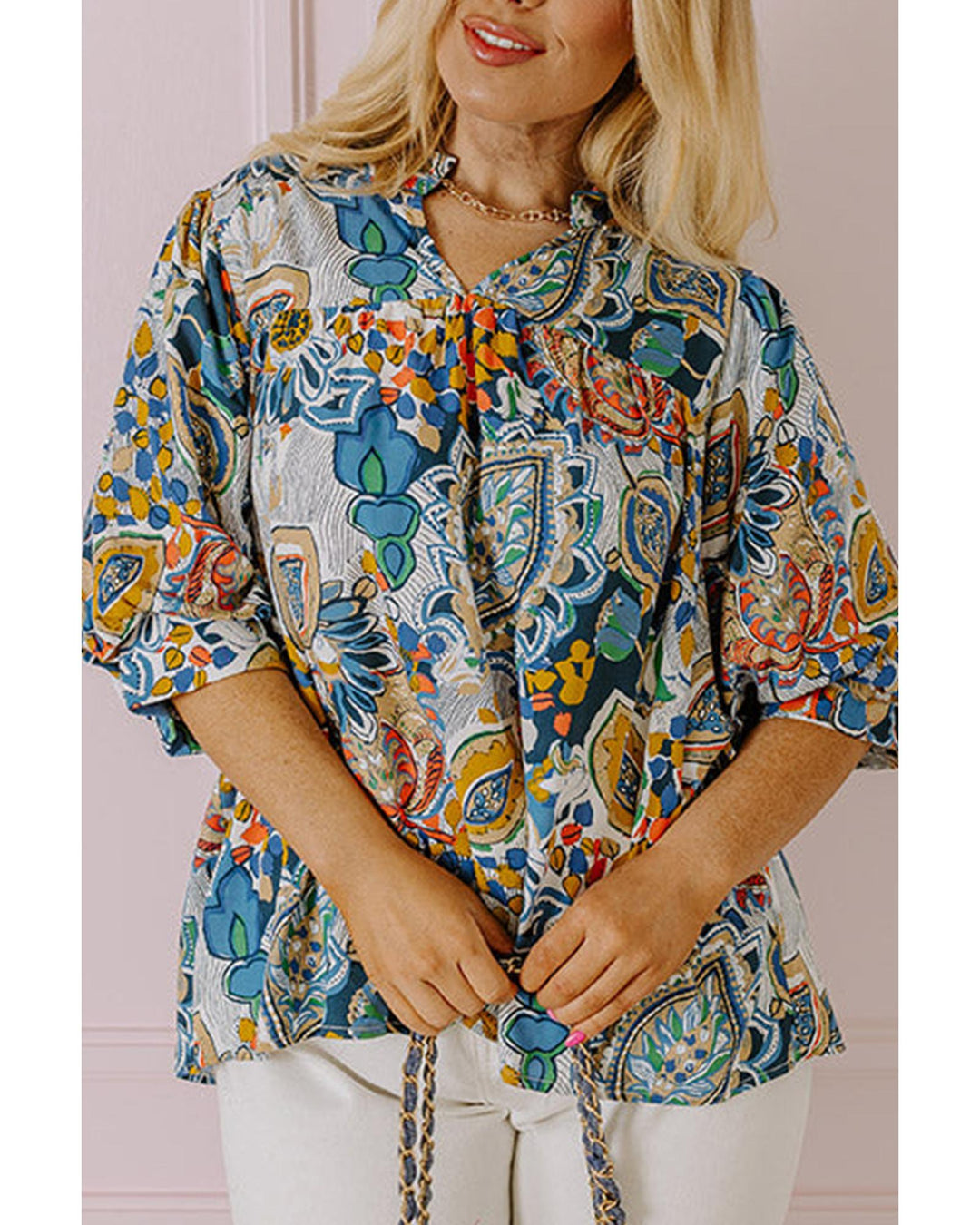 Multicolour Plus Size Floral Print Half Sleeve Slit Neck Blouse - 2X