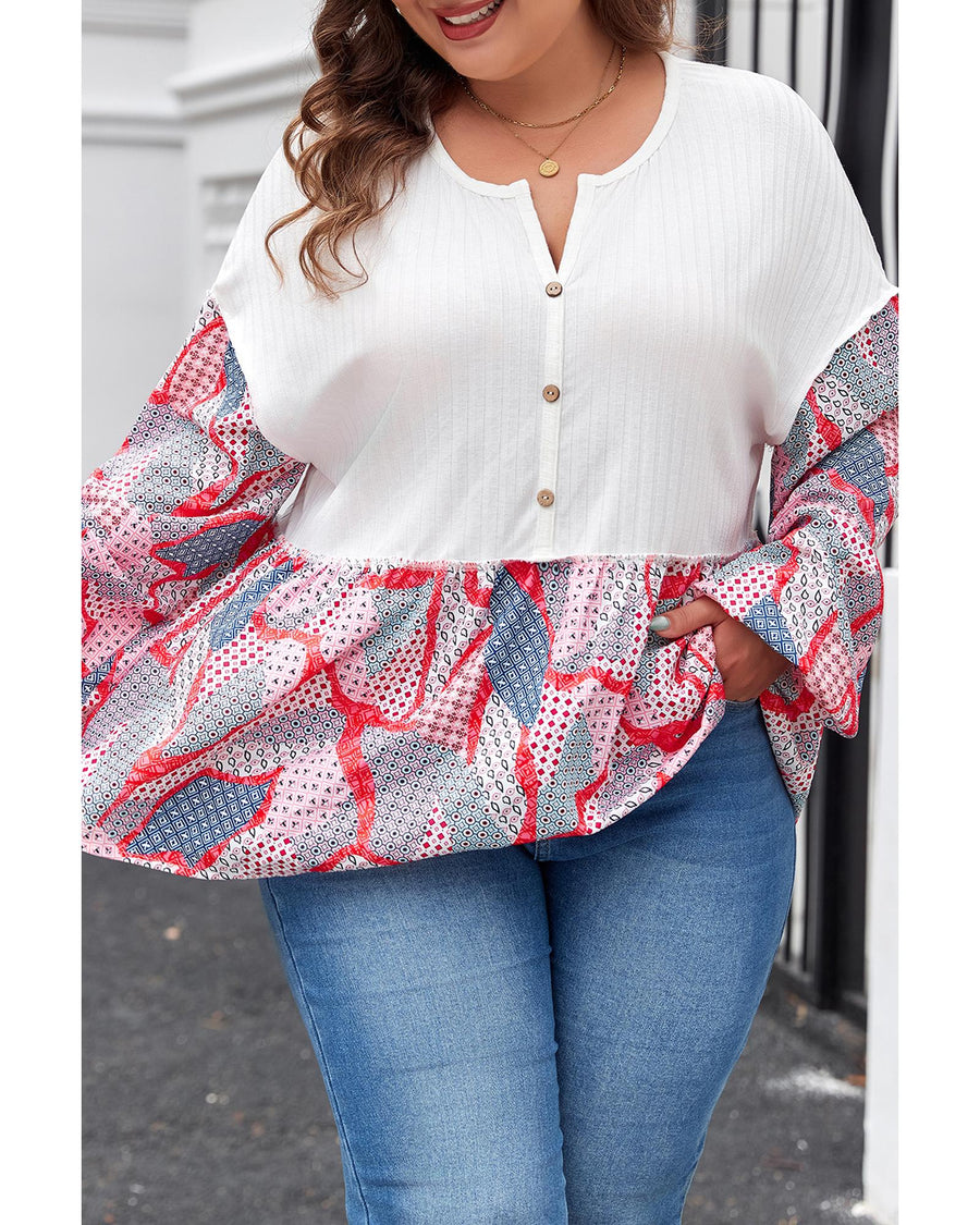 Apricot Plus Size Printed Patchwork Textured Buttoned Blouse - 3X