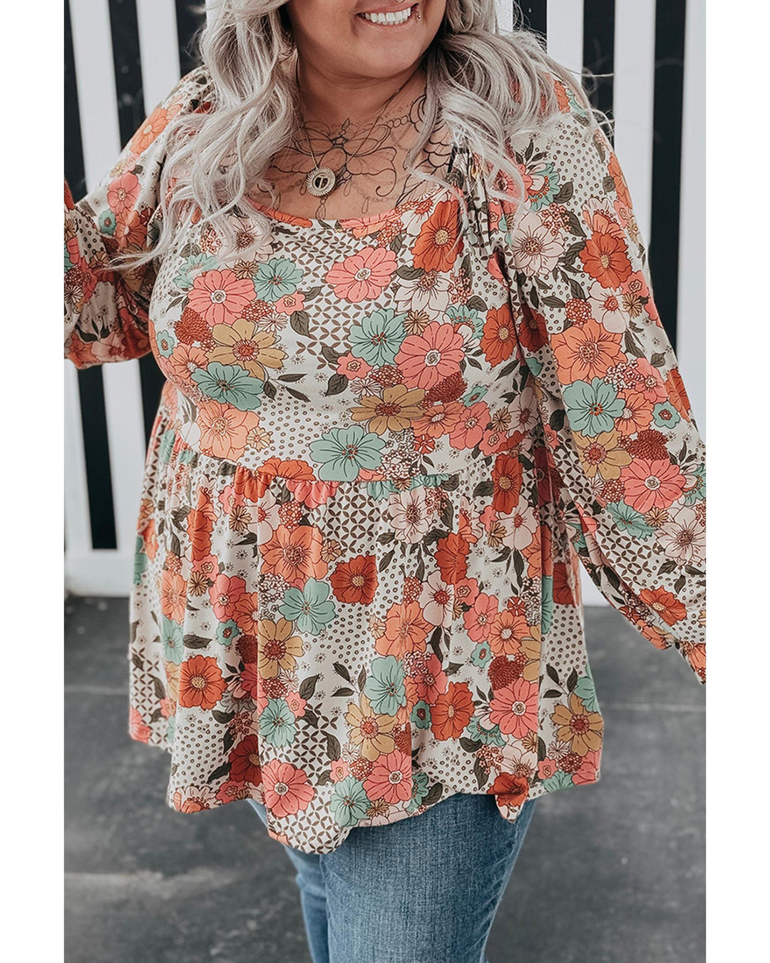 Khaki Plus Size Flower Print Square Neck Peplum Blouse - 1X