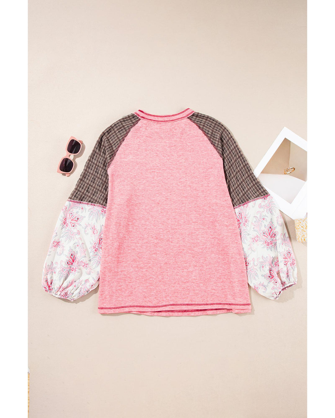 Pink Checkered Paisley Patchwork Raglan Sleeve Seamed Plus Size Top - 3X