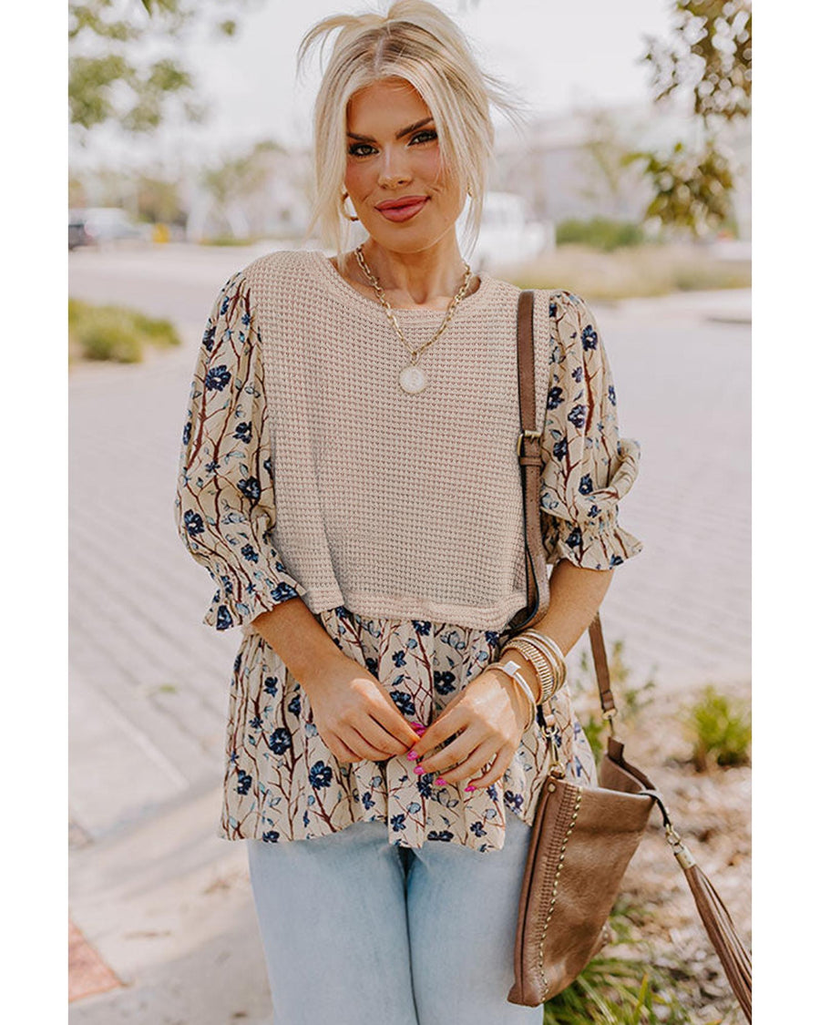 Beige Faux Two Piece Knit Patchwork Floral Print Plus Size Top - 4X