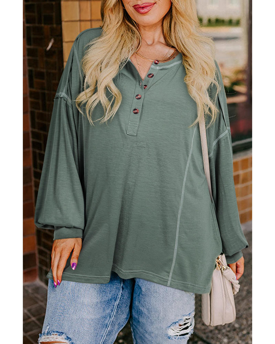 Seagrass Plus Size Exposed Seam Drop Shoulder Henley Top - 2X