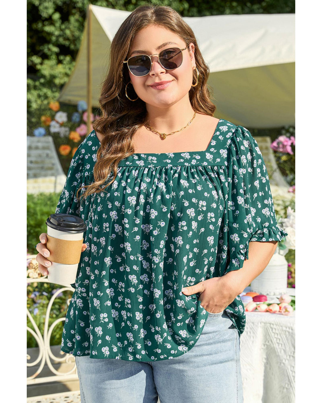Green Floral Print Square Neck Ruffled Trim Plus Size Blouse - 1X