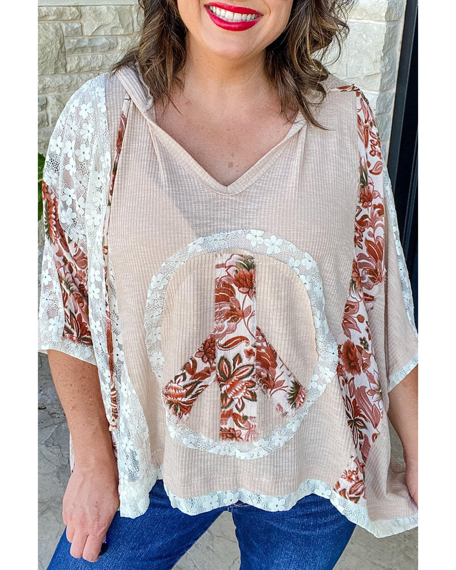 Khaki V Neck Floral Peace Sign Graphic Lace Patch Ribbed Plus Size Hooded Top - 4X