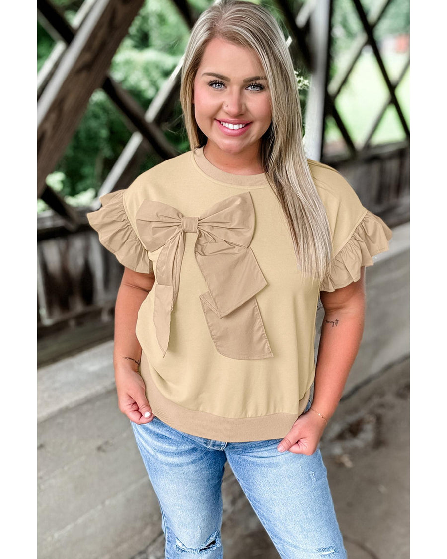 Parchment Ruffled Short Sleeve Bowknot Applique Crew Neck Plus Size Top - 2X