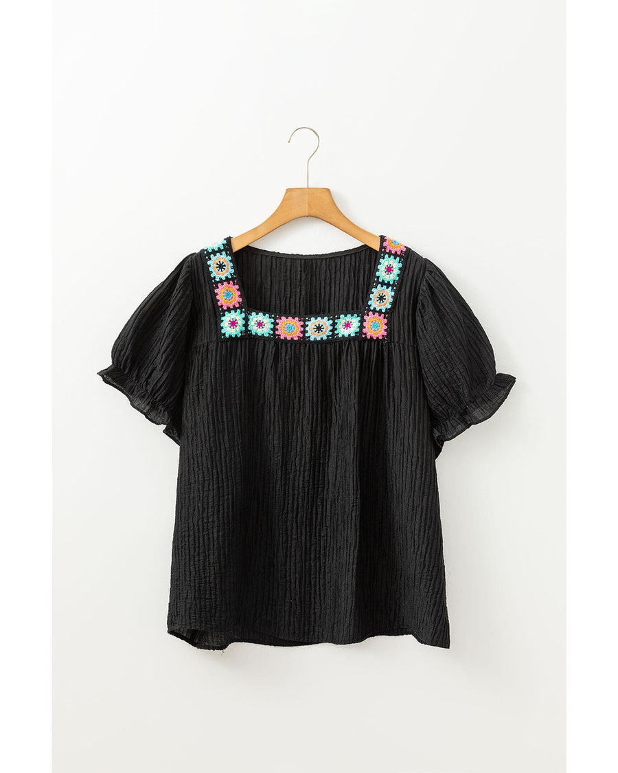 Black Floral Crochet Square Neck Ruffled Short Sleeve Flowy Plus Size Top - 1X