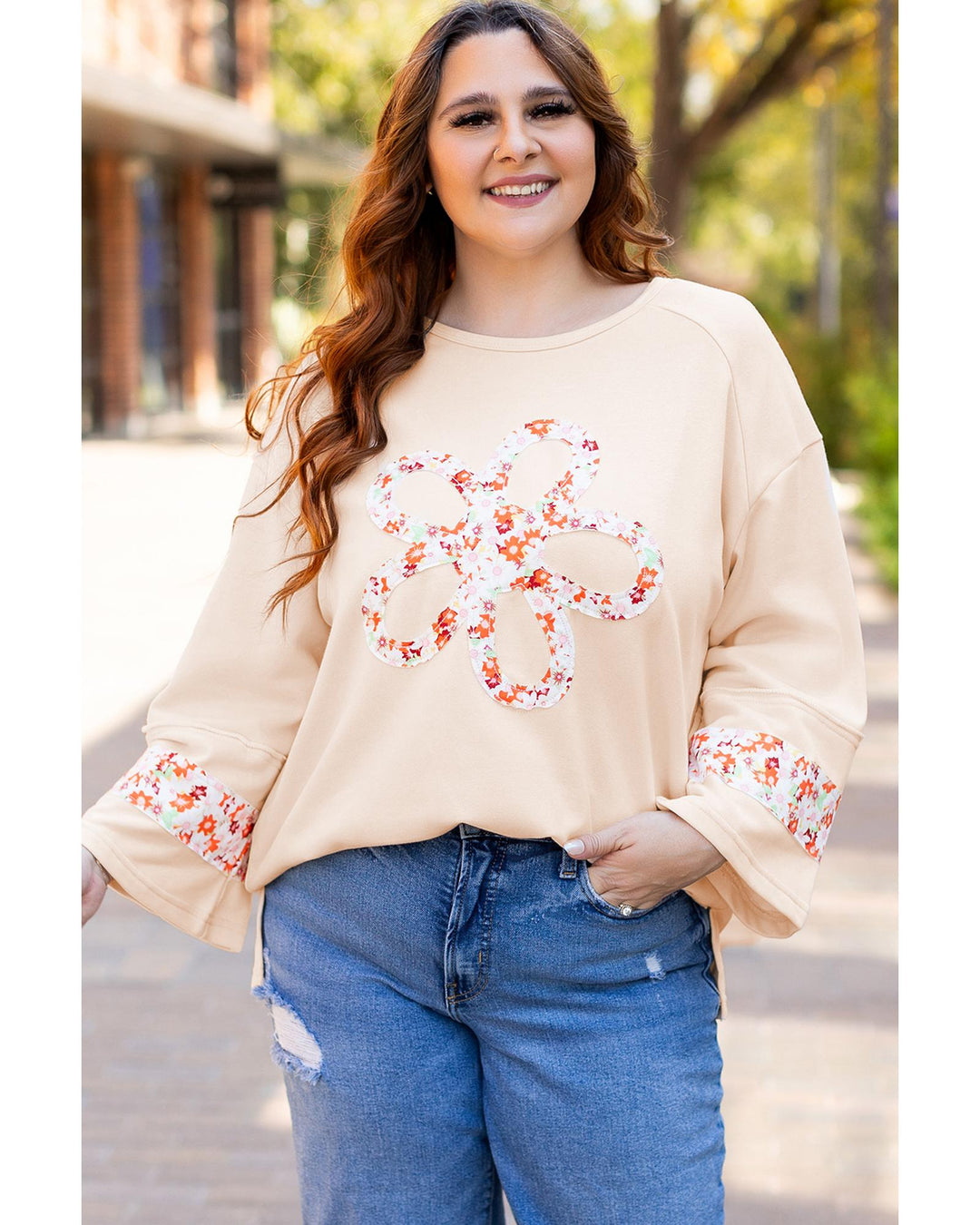 Beige Plus Size Flower Patched Side Slits Crewneck Top - 1X