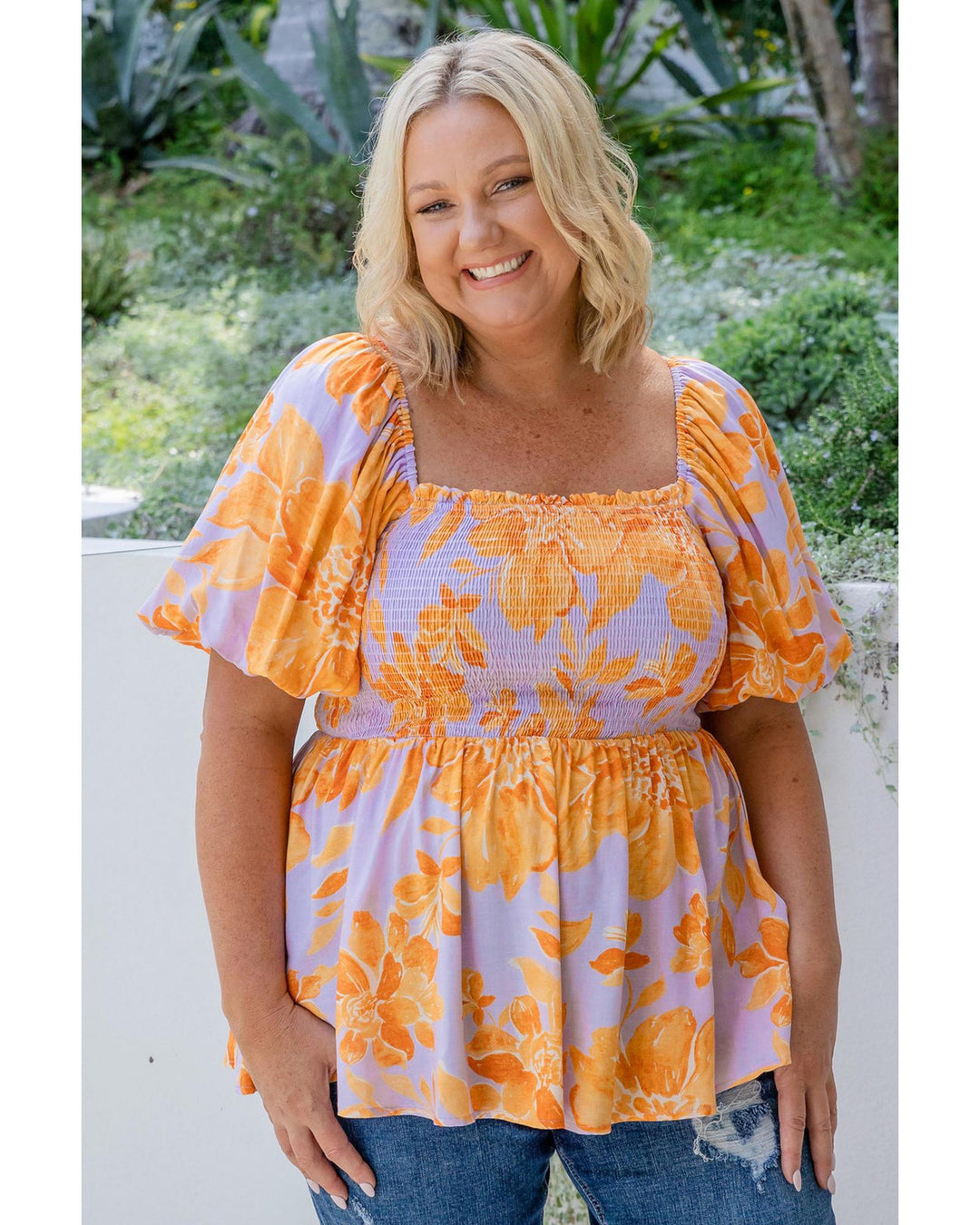 Purple Floral Puff Sleeve Square Neck Smocked Plus Size Babydoll Blouse - 3X