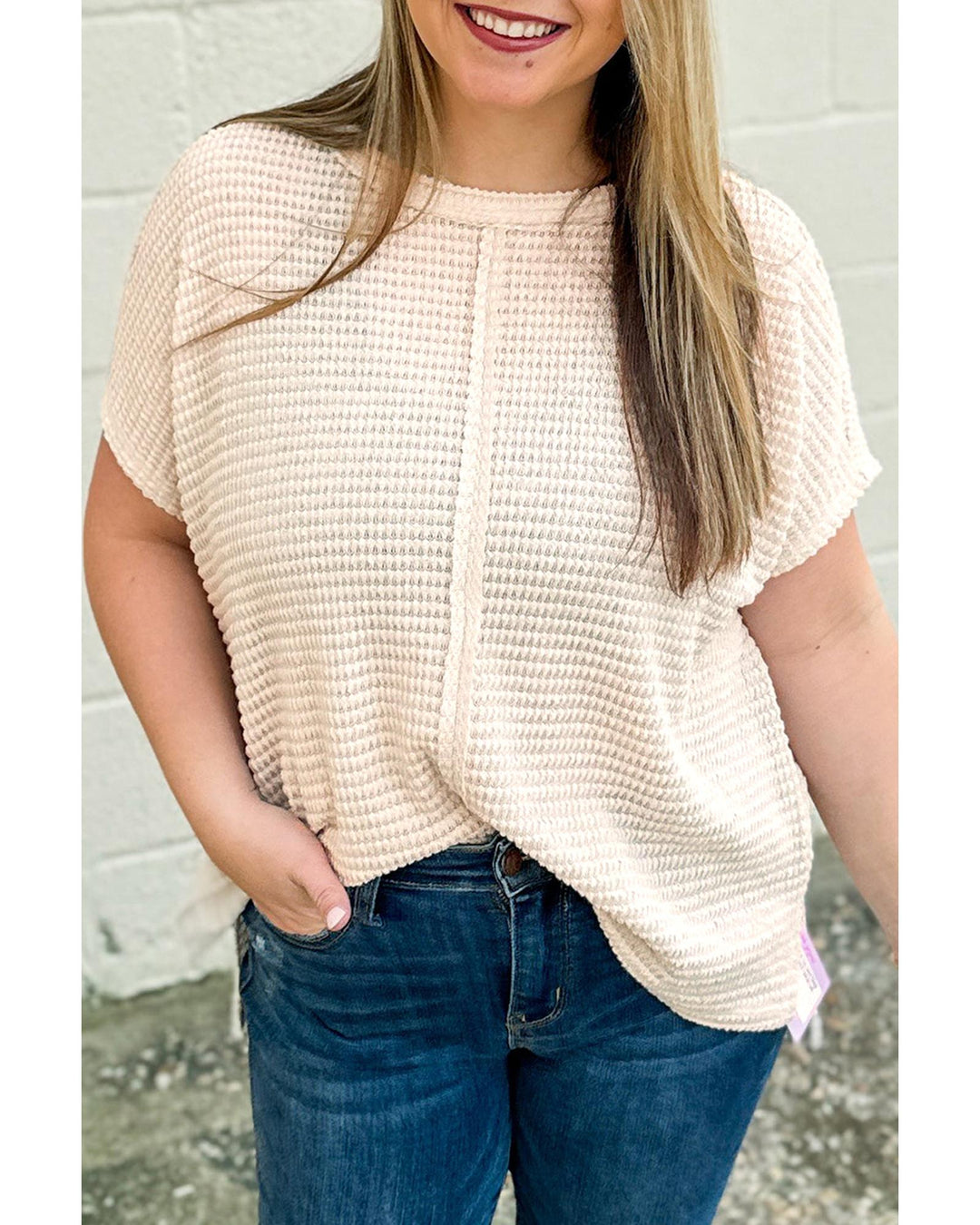 Beige Waffle Exposed Seam Detail Plus Size Short Sleeve Top - 1X