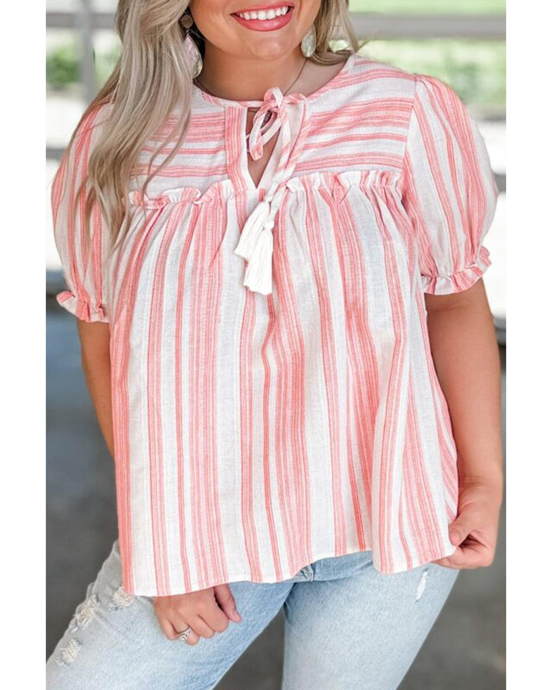 Pink Stripe Plus Size Tassel Tie Frilled Detail Short Sleeve Blouse - 3X