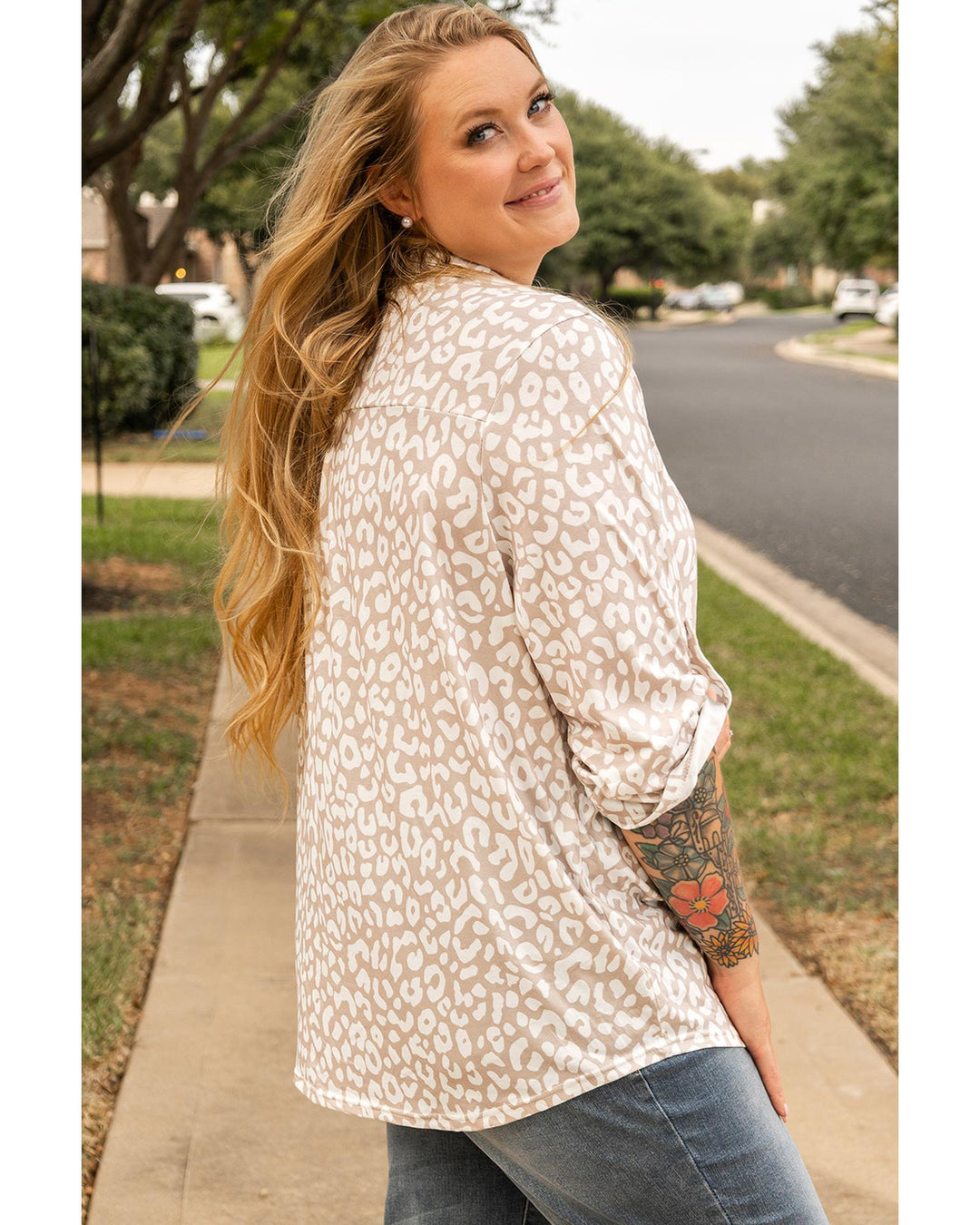 Apricot Leopard Tab Sleeve V Neck Plus Size Top - 3X